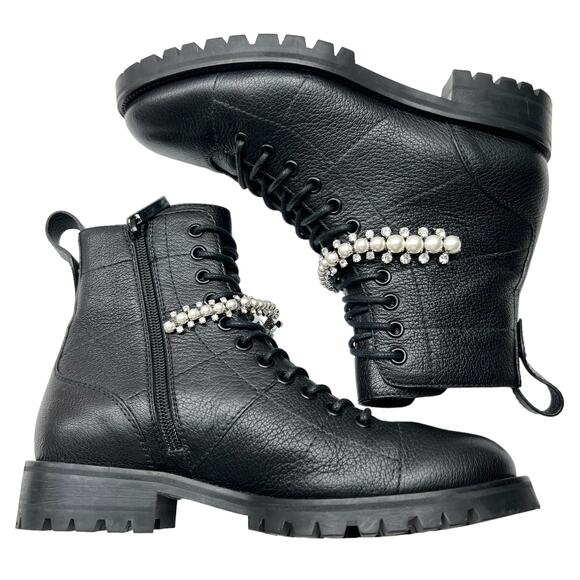 JIMMY CHOO Cruz Quilted Crystal Strap Embellished Black Combat Boots EU 37 US 7 - Picture 7 of 16